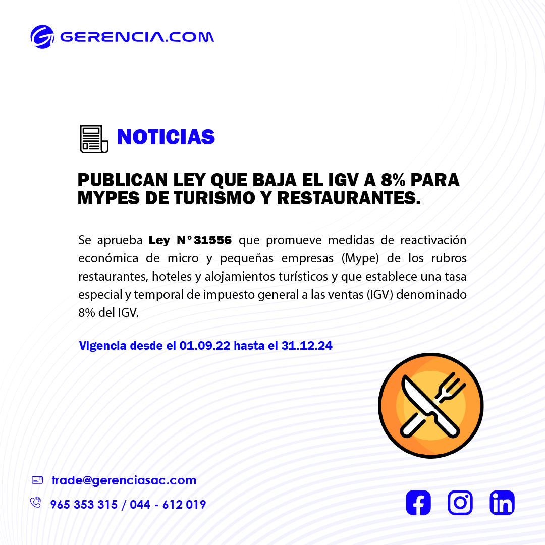 PUBLICAN LEY QUE BAJA EL IGV A 8% PARA MYPES DE TURISMO Y RESTAURANTES